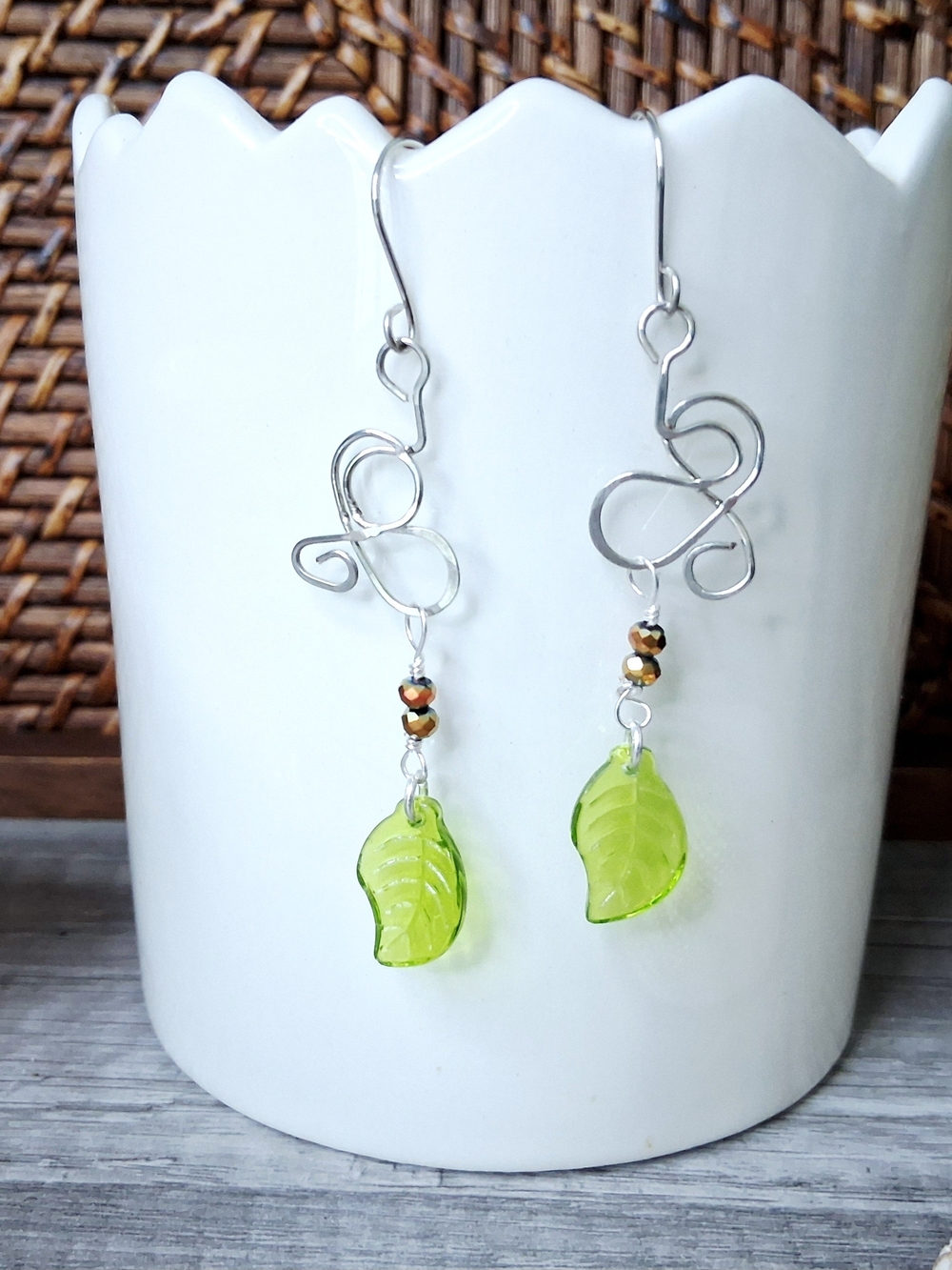 Lime Green Leaf Drop Earrings with Silver Wire Swirl